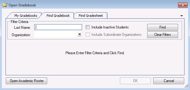 The gradesheet opens. Gradebook Tabs Click Find Gradebook.