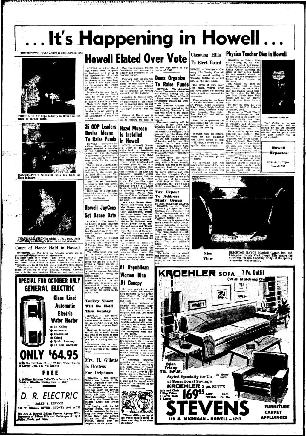 It's Happening in Howell, v-.-. /THE (Mich.) ARGUS WED., OCT. 23, 1963 THESE MEN AT Hope Industry in Howell will be aided by JayCee dance. _ ' HANDICAPPED WORKER plies his trade at Hope Industry.