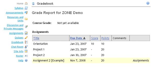 4.3.2 Checking your grades Zone courses offered in Sakai use the Gradebook to post grades.