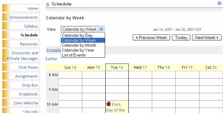 4.1.3 Course schedule: Each site has its own Schedule. However, it is up to your instructor whether they use the built-in schedule features in Sakai. Consult the Schedule for assignment due dates.