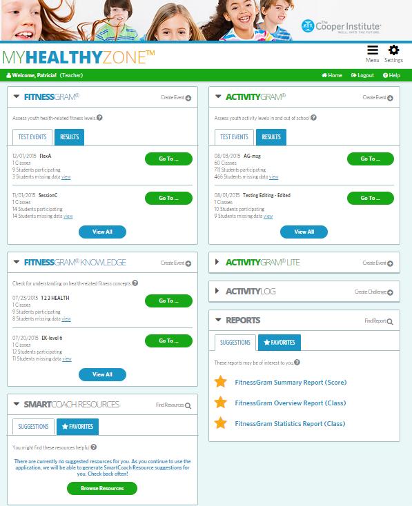 2 Teacher Dashboard FitnessGram 2015 introduces the interactive MyHealthyZone dashboard a new way to easily access information and tasks in one location.