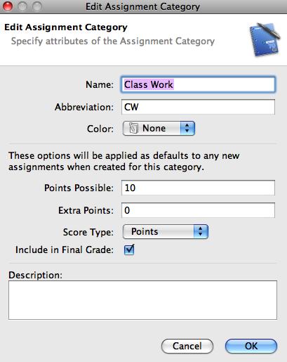 By default PowerTeacher lists Homework, Project, Quiz and Tests categories but you need to add Classwork and/or modify to your needs.
