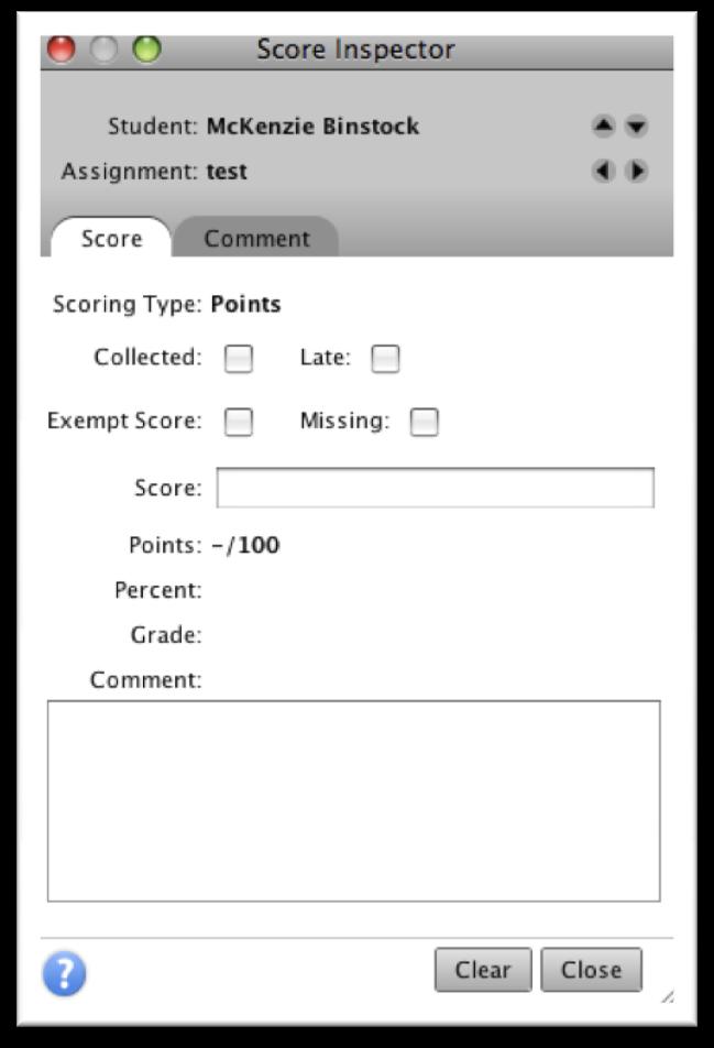 The Score Inspector The Score Inspector provides an alternative way of entering scores and, in many cases, comments.