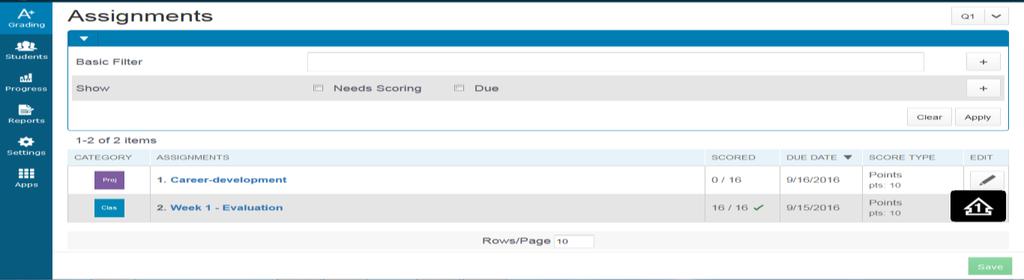 Adding Scores Grading: The Assignments page displays all assignments for the currently selected class. View assignments on both the Assignments and Scoresheet pages.