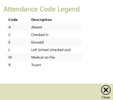 The Code Legend button on this screen s Tool Bar shows the explanation for each Absence Code in the grid.