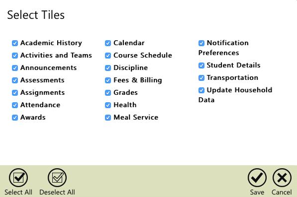 For example, the Assignments tile shows the number of assignments due today and tomorrow as well as indicates how many assignments the student is missing.