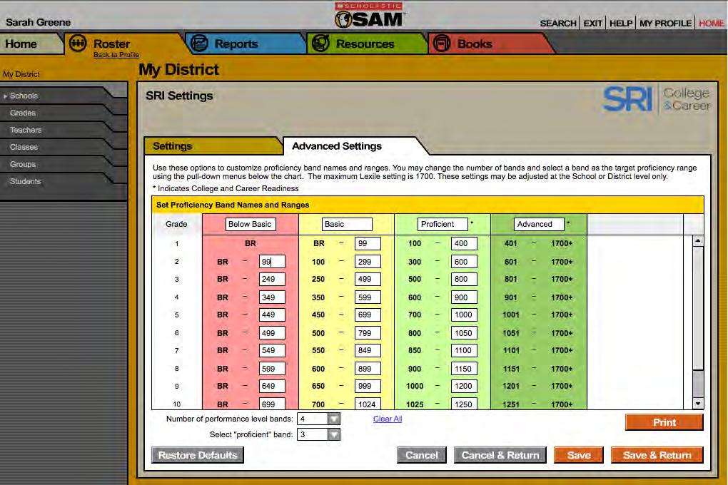 Using Advanced Settings The Advanced Settings tab is where school or district administrators may customize the name and Lexile measure range of SRI College & Career proficiency bands.
