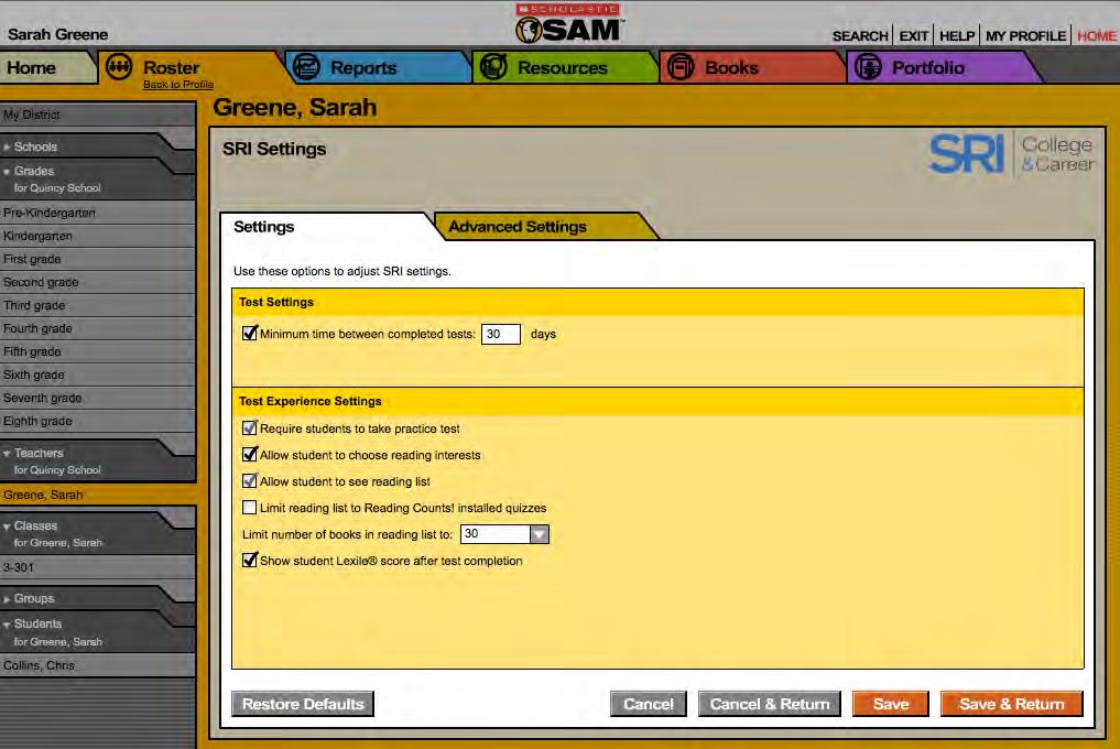 Changing Student Settings The following is a list of the Program Settings for SRI College & Career. Click the boxes to check or uncheck the items and use the pull-down menus to make selections.