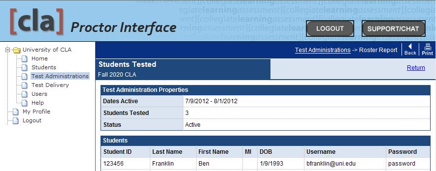 who have tested within the current CLA testing window. Rosters for past test administrations are also available.