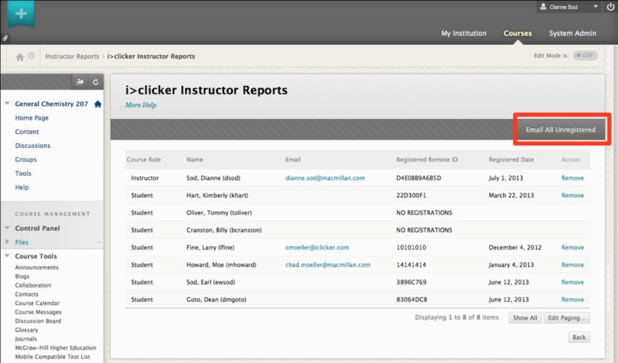 Instructor Reports page with the Email A ll Unregistered button highlighted TIP: Cli ck on any of the column headers to