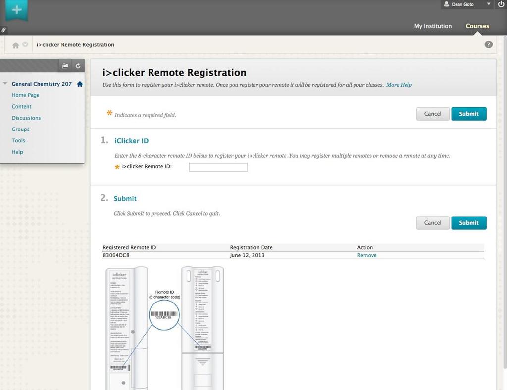 The i>clicker Student Remote or iclicker Go Registration page appears. Enter your i>clicker remote ID or iclicker Go and click Submit.