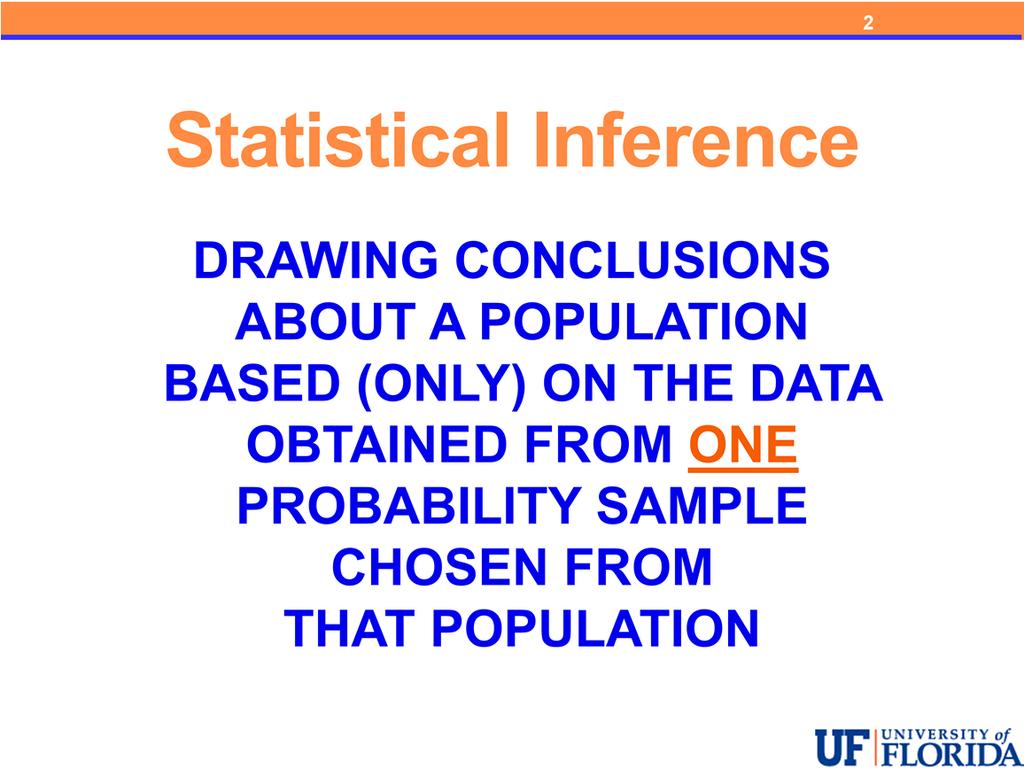 Statistical inference is: drawing conclusions about a population based (only) on the data obtained from one probability sample chosen from that population.