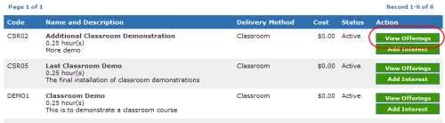 results. If you searced for Classroom courses you will need to click on the View Offerings button.
