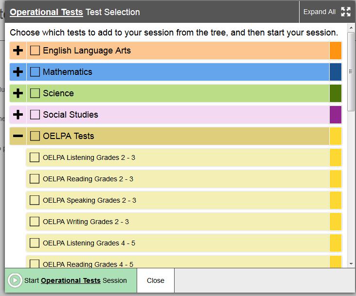 7. When you are ready to begin a test session. a. In the Test Selection window, select the test(s) to administer. b. Click Start Session. The session ID appears at the top of the page. 8.