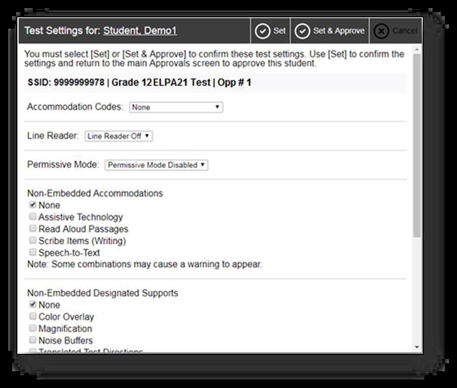 Click Approvals to view the list of students awaiting approval. To review and edit a student s test settings and accommodations, click in that student s row.