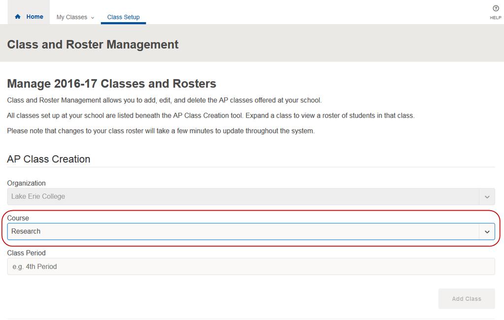 From the Manage Classes and Rosters page, select