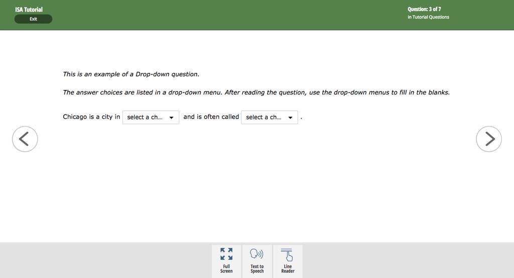 The third sample item is an Inline drop-down item. The ISA contains items where the student must select a response by using drop-down menus.