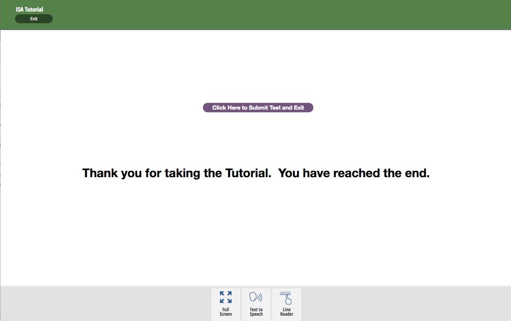 The final screen of the tutorial shows the final submit test button. The final screen contains the instruction to click the button to submit the test.
