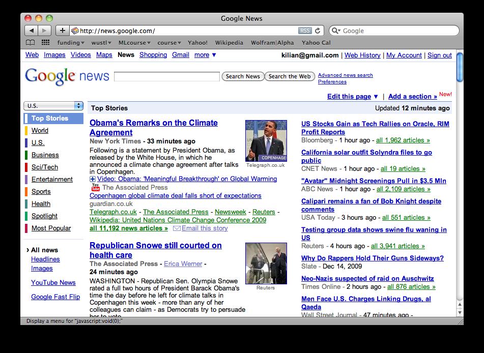 Example: Google News Document clustering Given news