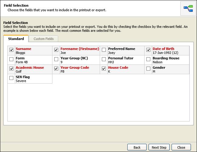 isams Teaching Manager User Guide Using the Subject View Tab Step 2: Print or Export a Set List Once you have selected a set list you must select the fields that you want to include.