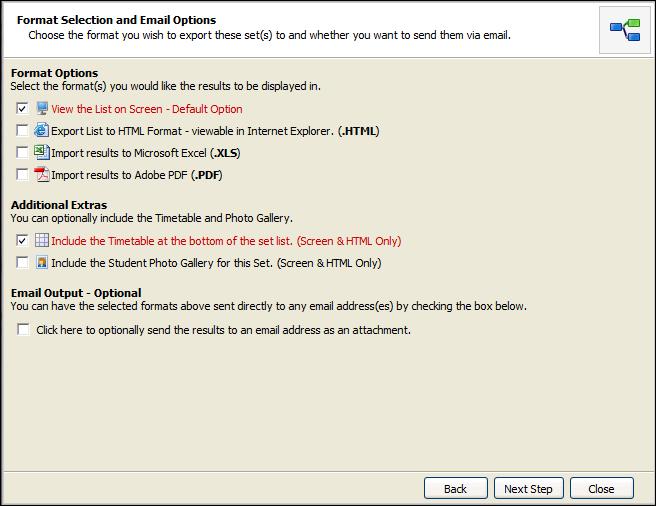 Using the Subject View Tab isams Teaching Manager User Guide The Format Selection and Email Options window is displayed, see below for an example: 3.