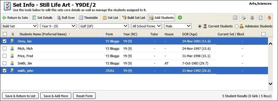 isams Teaching Manager User Guide Using the Subject View Tab 7. Use the check boxes on the left to select students for the build set. An example is shown below: 8. Either: Click Save & Return to List.