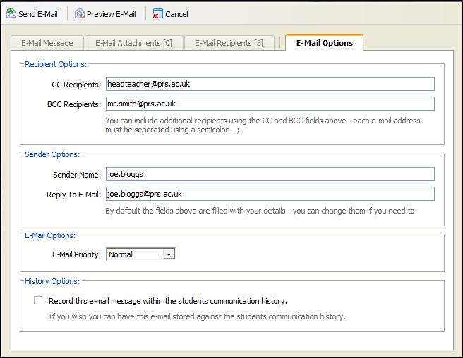 Using the Subject View Tab isams Teaching Manager User Guide 7. Click the E-Mail Options tab, see below for an example: a) Enter Recipient Options to CC and BCC recipients. b) Enter Sender Options.