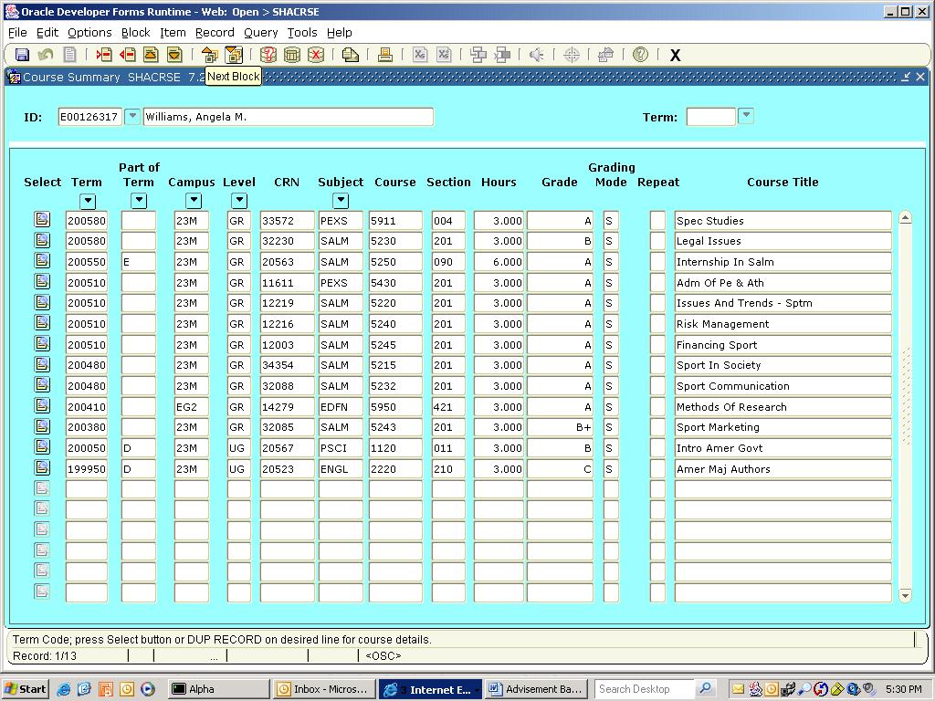 SHACRSE Course Summary SZACRSE shows all course history (ETSU and Transfer) Summary of ETSU courses taken by student.
