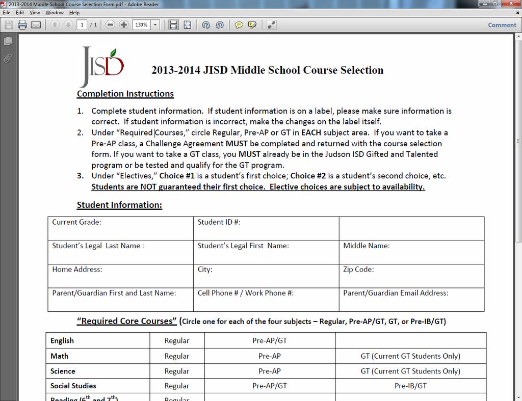Middle School Course Selection Form Course