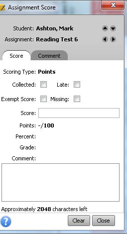 Using the Score Inspector The Score Inspector provides the ability to add notes to yourself about a student s performance in class such as, late, exempt, or missing.