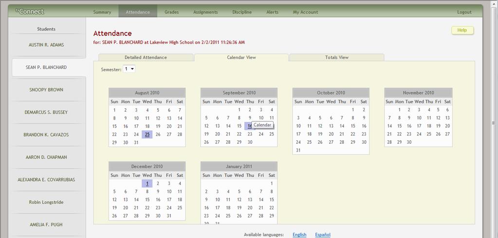 tx Connect October 2012 How to View the Calendar View The parent can click the Calendar View tab to see the attendance details in a calendar view instead of a table view.