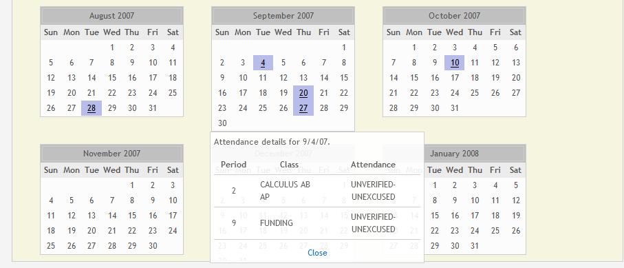 If the student was not present for the entire class for any period of the day, the day is highlighted on the calendar.