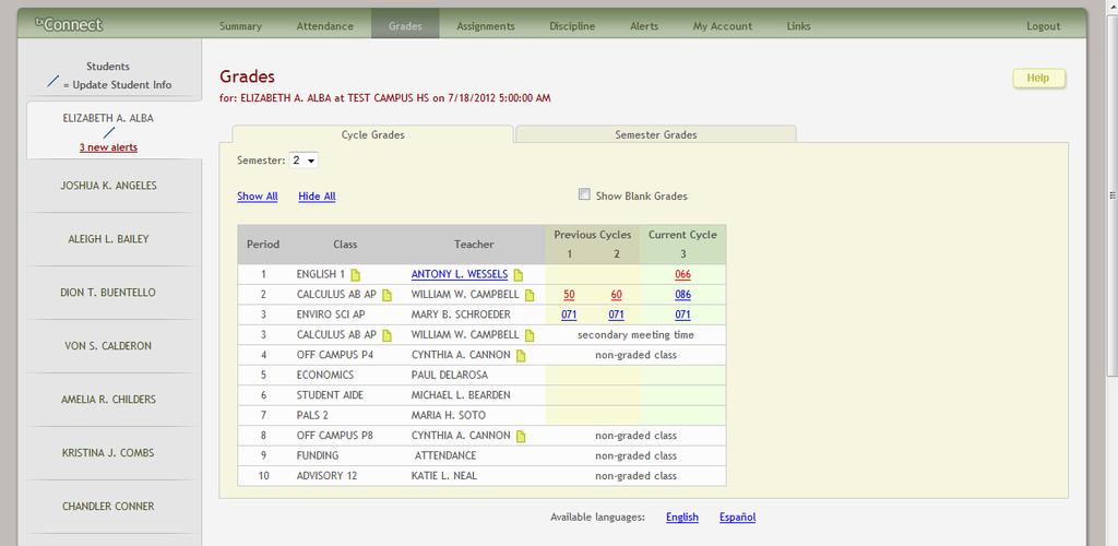 October 2012 tx Connect Grades The parent can view his student s grades by clicking Grades on the menu at the top of the page. When the Grades page opens, the Cycle Grades tab is displayed by default.
