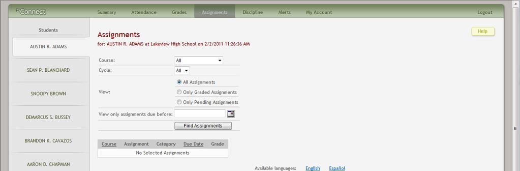 October 2012 tx Connect Assignments The Assignments page allows the parent to view all of the student s assignments for all courses or for a specific course.