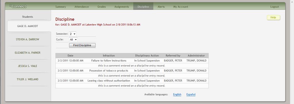 October 2012 tx Connect Discipline The Discipline page allows the parent to view all of the student s discipline records for one cycle or for the semester.
