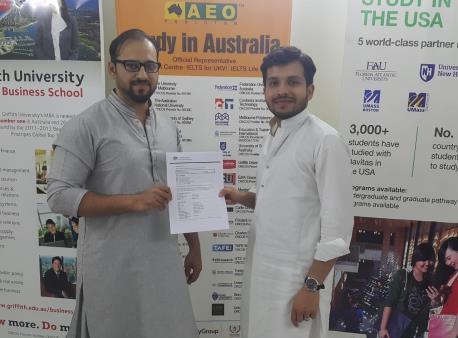 Our student Tallat Tahir receiving his admission and visa confirmation to pursue his degree in Bachelor of Information Technology at