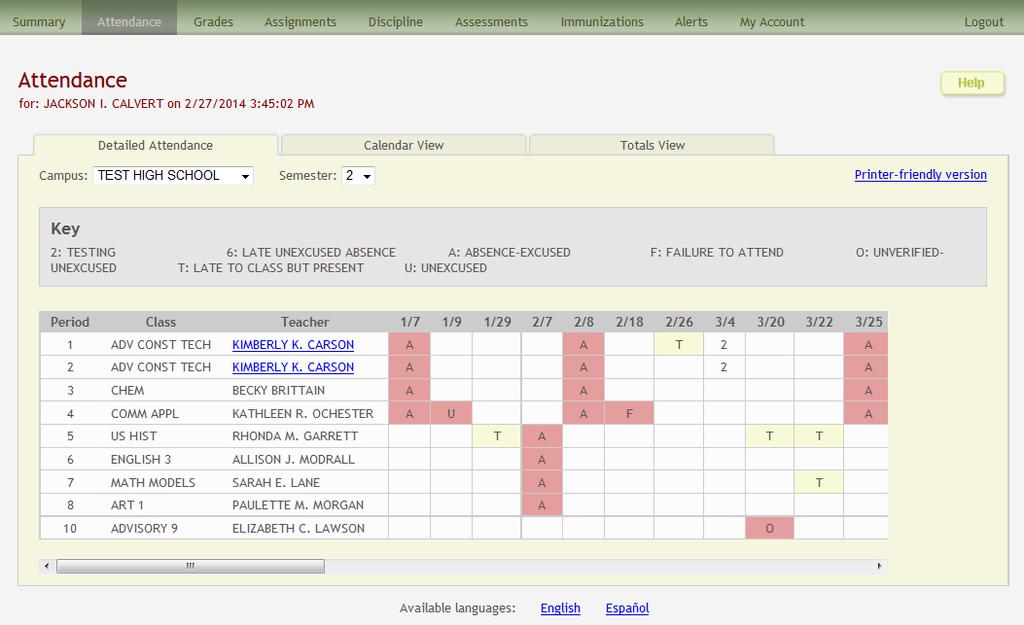 In the Semester field, select the semester for which you want to view attendance data.