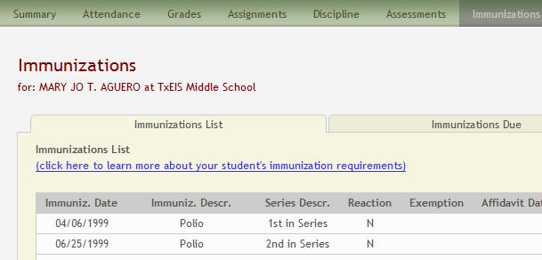 The series name and date of the previous series are displayed next to the due immunization.