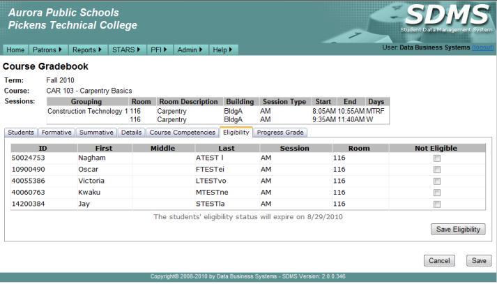 Eligibility The roster list displayed on the Eligibility menu tab (Figure 2l) is a subset of the student roster, containing only secondary students.