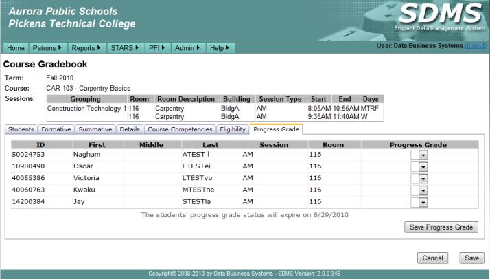 Progress Grade The progress grades tab (Figure 2m) is provided to enter progress