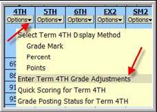 Click the Options button for the appropriate grading period column and select Enter Term (?) Grade Adjustments. 8.