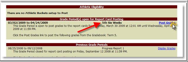 2. Grading Periods that are open are listed. Confirm that the correct grading period (most likely just the current grading period is listed) and click the blue Post Grades link. 3.