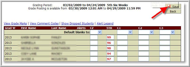 (See Entering Comments page 47) *If changes in Citizenship are necessary, o Secondary Teachers: Enter Citizenship Grades for each class in the CZ column; the Default blanks to: drop down feature can