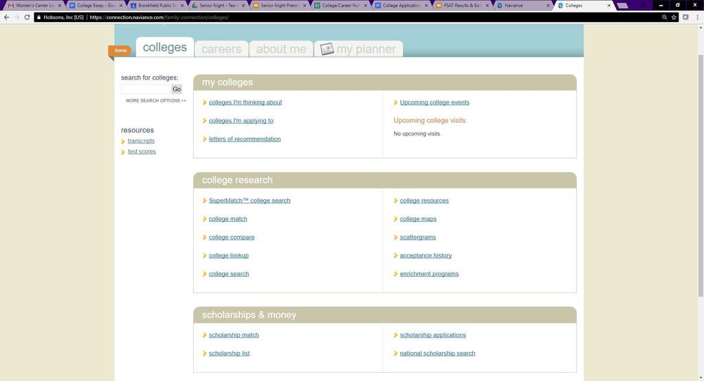 Naviance Using the Colleges tab you can: Conduct a College Search Examine scattergrams to help determine chances of admissions Add schools of interest to