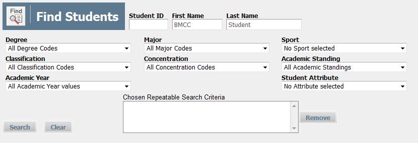 Clicking the Find button will take you to the search screen. Here you can enter a student s last name and the first initial of their first name. Click the Search button to execute the search.