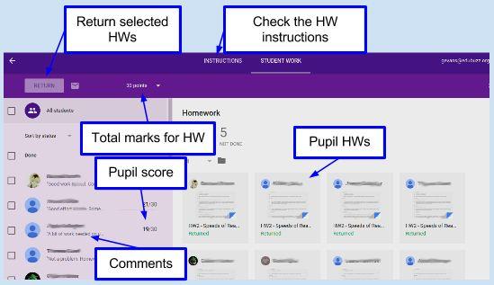 On the Student work screen you can view any files submitted as HW (such as Google Docs, photos, videos, etc.) using the icons on the right of the screen and then give the students a grade/score.