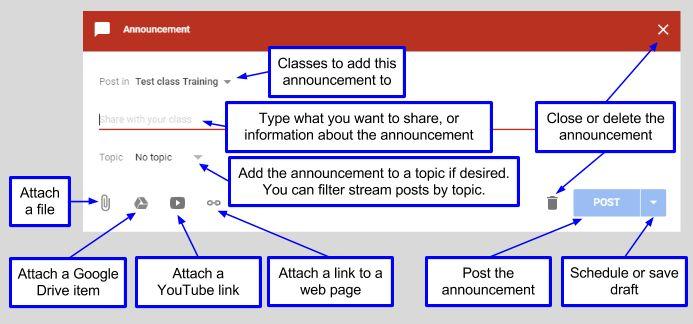 Making an announcement When you want to share a resource, information, etc. with your class you can create an announcement. From the STREAM tab, move your mouse on the + icon in the bottom right.