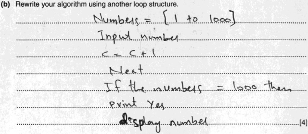 Paper 2 Problem-solving and Programming Example candidate response low Examiner comment low It is unclear what type of loop is being