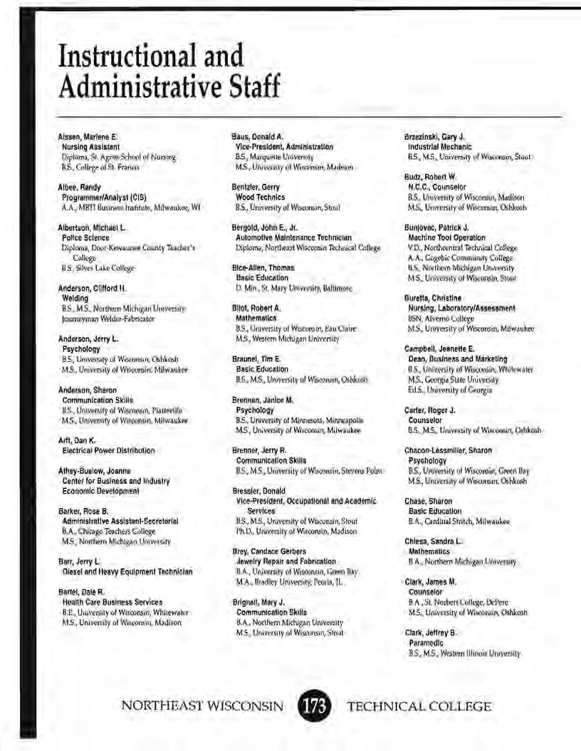 Instructional and Administrative Staff Aissen, Malfene E. Nursing Assistant Diploma, St. Agnes School of NurSing 8.S., Col loge of St. Franos Albee, Randy Pr09r1mmer/Analyst {CIS) A.A., MBTT Business lnstitute, MilwaukN, WI Albertson, Michael L PoHce Scierw:e Oiplomo, Ooot Kew unet C0"11ty Teachet' College B.