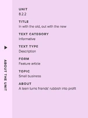About the unit: This sidebar provides a summary of key information about the unit text.